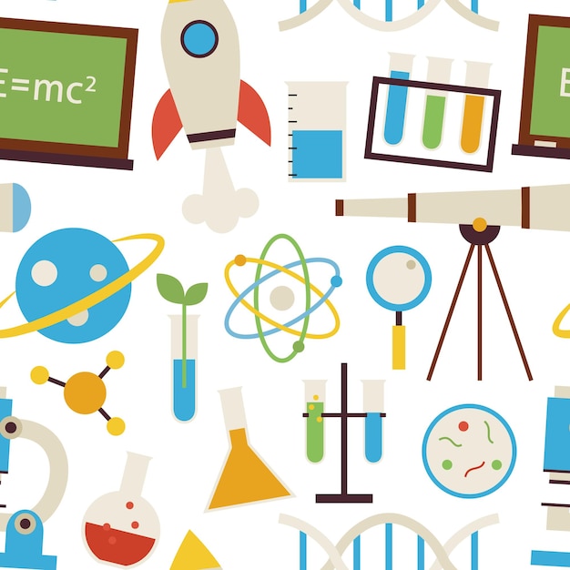 Objetos de ciencia y educación de patrones sin fisuras sobre blanco. Fondo de textura transparente de vector de estilo plano. Colección de Plantillas de Investigación y Astronomía Física Biología Química. De vuelta a la escuela.