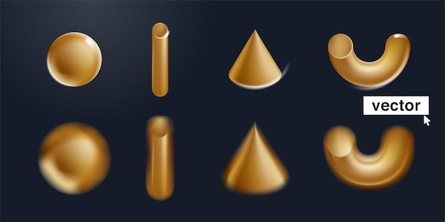 Objetos de cono y curva de cilindro de esfera 3D Ilustración vectorial con formas de geometría dorada en la oscuridad