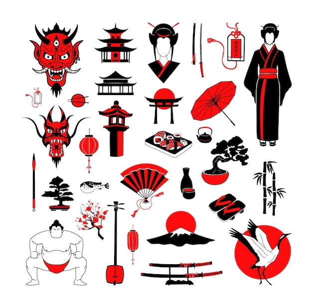 Vector objetos de la cultura japonesa. ilustraciones coloridas en un estilo moderno.