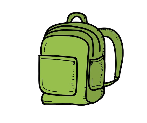 Objetos escolares Bolso escolar verde Ilustración de garabateo vectorial en eps10