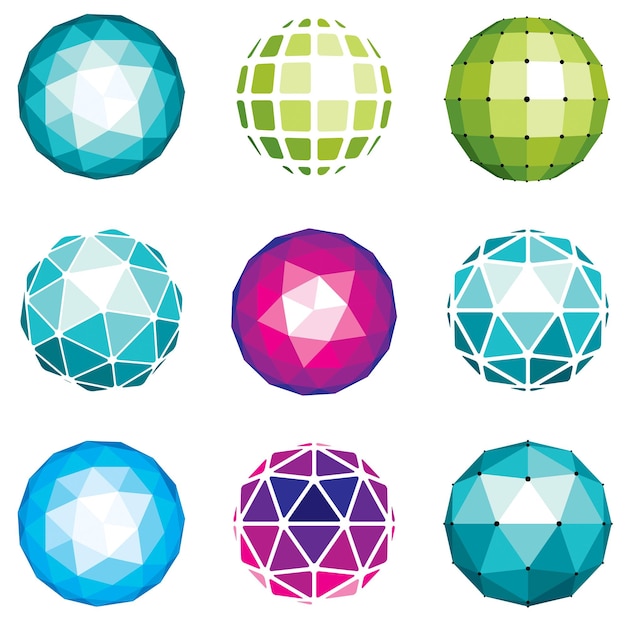 Objetos esféricos digitales vectoriales 3D hechos con diferentes facetas geométricas. Orbes poligonales, colección de formas polivinílicas bajas para su uso en diseño web.