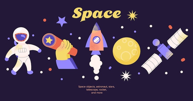 Objetos espaciales astronautas estrellas planetas cosmos galaxia vector