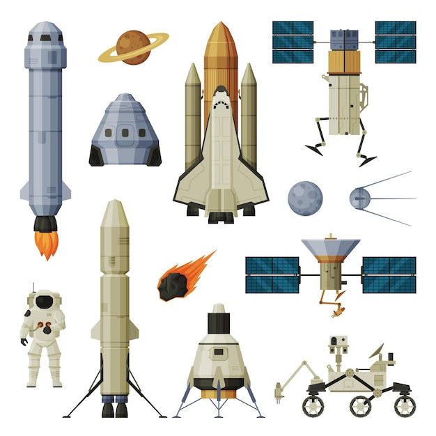 Objetos espaciales y equipo de exploración del cosmos Colección Astronáutica y tecnología espacial Tema Ilustración vectorial plana