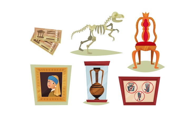 Vector objetos de la exposición del museo aislados en un fondo blanco conjunto vectorial artefactos antiguos almacenados en el museo