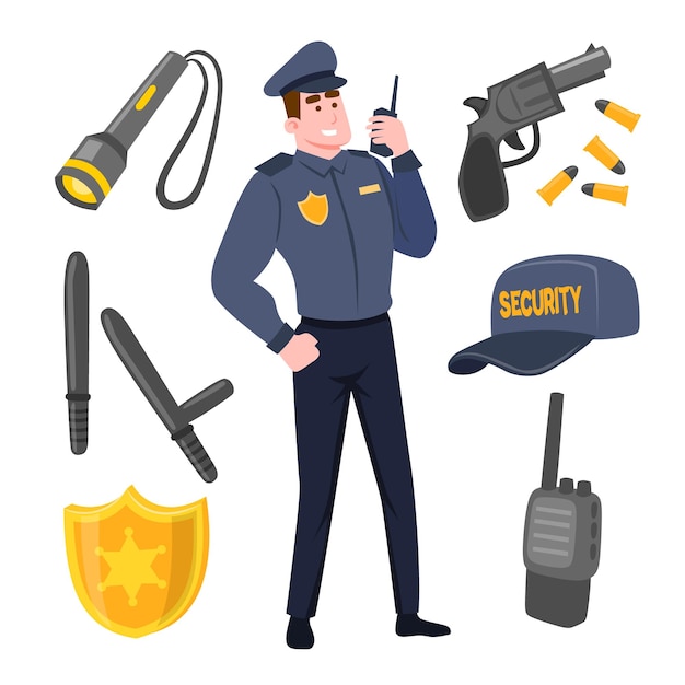 Objetos de guardia de seguridad de policía o policía con pistola, escudo de linterna, bastón, walkie talkie