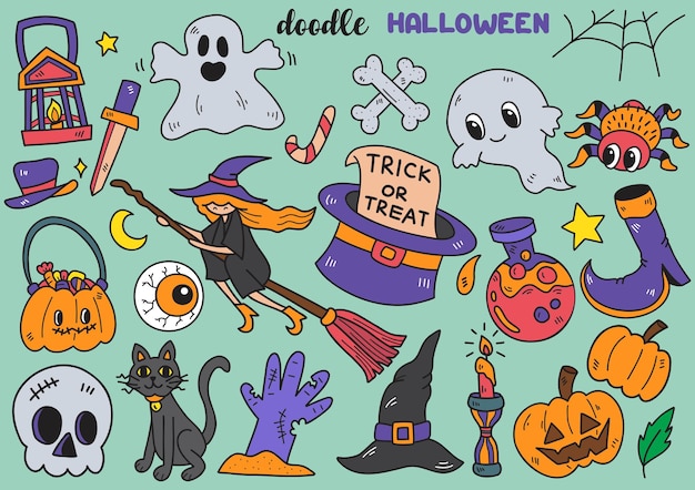 Objetos de halloween de estilo dibujado a mano ilustración de vector de objetos de doodle