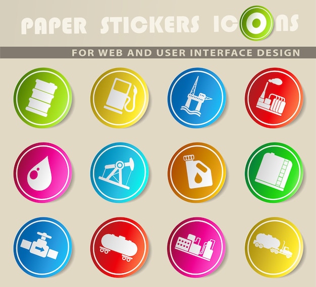 Objetos de la industria del petróleo y el petróleo iconos vectoriales en pegatinas de papel de colores