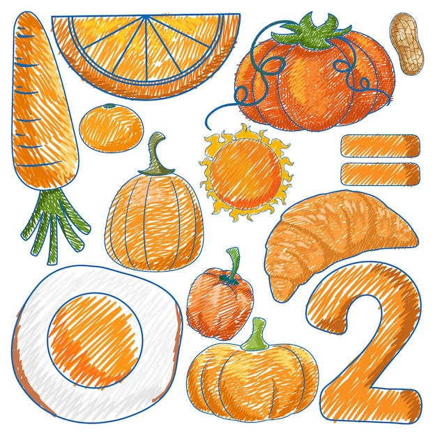 Objetos naranjas en lápiz Color Sketch Estilo simple
