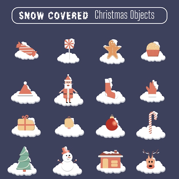 Objetos de Navidad cubiertos de nieve