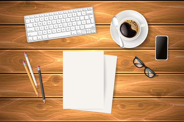 Objetos de negocio en la mesa de textura de madera taza de café realista plato cuchara teléfono inteligente