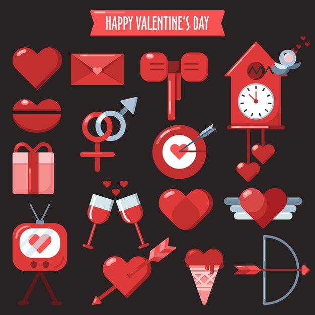 Objetos o iconos planos de amor y San Valentín aislados en ilustración vectorial de fondo negro