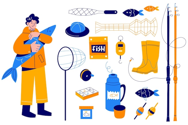 Objetos de pesca Pescador con diferentes accesorios aficiones al aire libre hombre con equipos y grandes capturas flotadores termos y ganchos redes varillas y botas de goma vector de dibujos animados estilo plano conjunto aislado