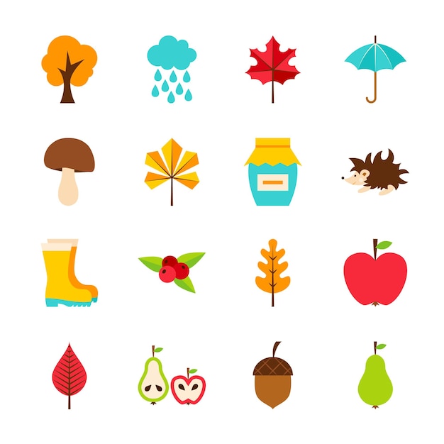 Objetos planos de otoño. Ilustración de vector. Conjunto estacional de otoño de elementos aislados en blanco.