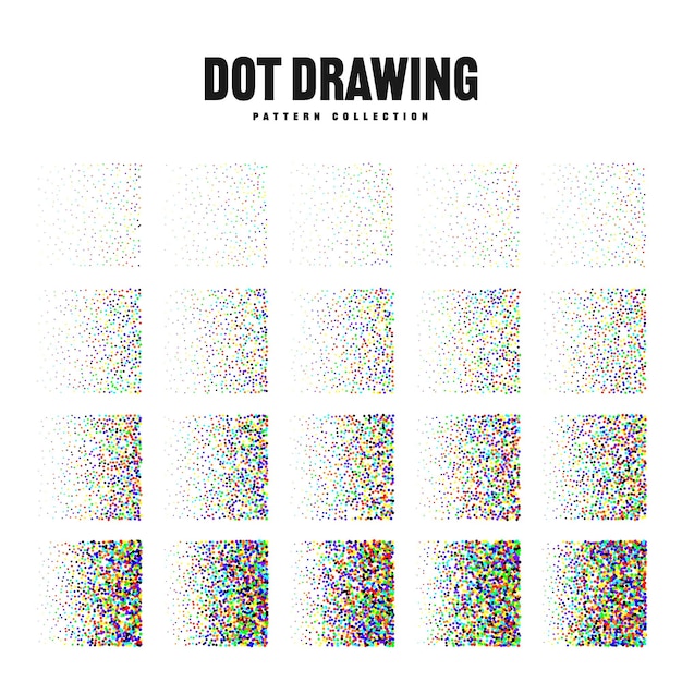 Objetos punteados de forma cuadrada elementos punteados antiguos dibujo de puntos punteados sombreado utilizando puntos efecto de medio tono ruido de color patrón de textura granulado ilustración vectorial