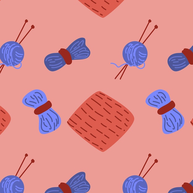 Objetos de punto de hilo de lana y elementos de tela de punto ilustración vectorial sobre fondo rojo