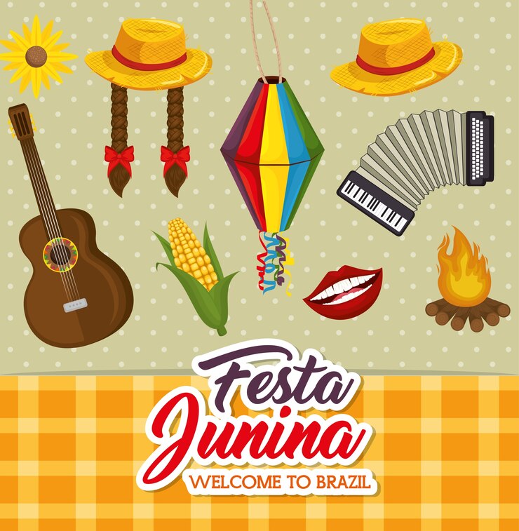 Vector objetos relacionados de festa junina sobre ilustración de vector de fondo punteado