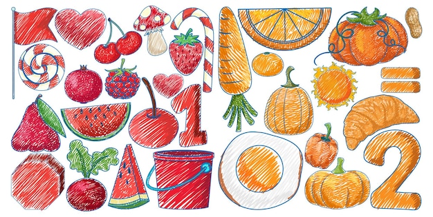 Objetos rojos y naranjas en lápiz Color Sketch Estilo simple
