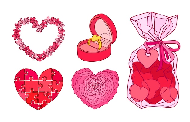 Objetos románticos en forma de corazón - flores, rompecabezas, anillo, dulces