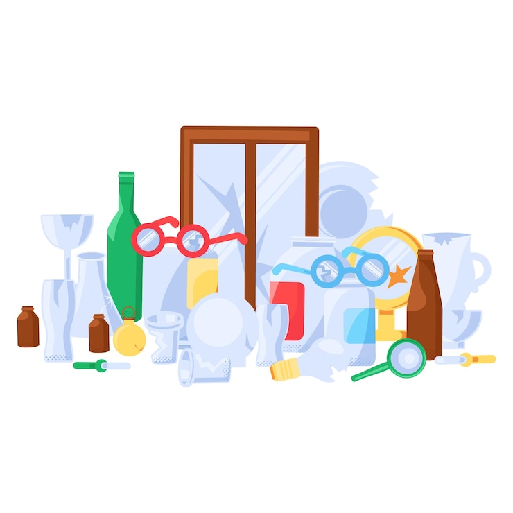 Vector objetos rotos y no deseados apilados en grandes pilas un montón de viejas industrias de vidrio roto problema de contaminación de residuos de vidrio concepto de vector de dibujos animados simple aislado en un fondo blanco