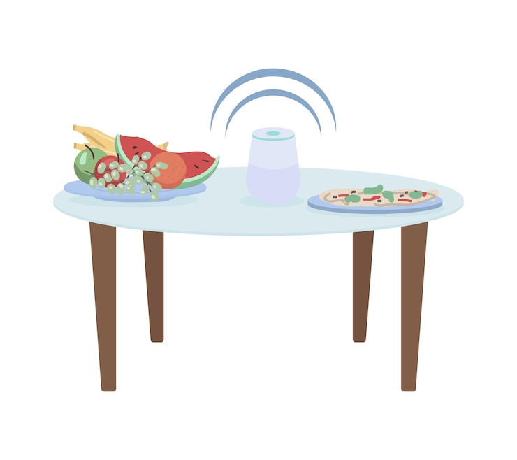 Vector objetos vectoriales de color semi plano de cocina inteligente. elemento realista completo en blanco. electrónica con conexión inalámbrica aislada ilustración moderna de estilo de dibujos animados para diseño gráfico y animación