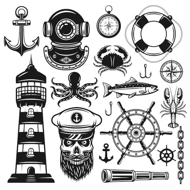 Objetos vectoriales náuticos en estilo vintage negro aislado en blanco