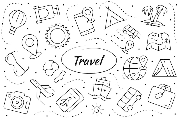Objetos de viaje y elementos relacionados con el conjunto. Concepto de aventura y turismo. Colección de símbolo de línea vectorial.