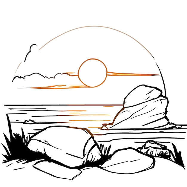 Vector obra de arte aislada climping rocks en estilo de pintura digital puesta de sol rocas y nubes fondo blanco