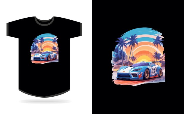 Obra de arte de la camiseta diseño gráfico coche de velocidad coche de carreras azul realista calle de miami muy detallado