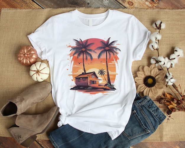 Vector obra de arte de diseño de camiseta para el hogar con ilustración plana del atardecer del árbol de coco