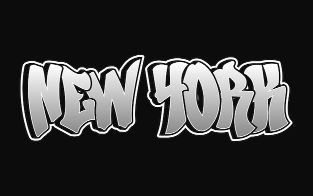 Una obra de arte de graffiti única con las palabras Nueva York en letras plateadas en negrita sobre un fondo negro