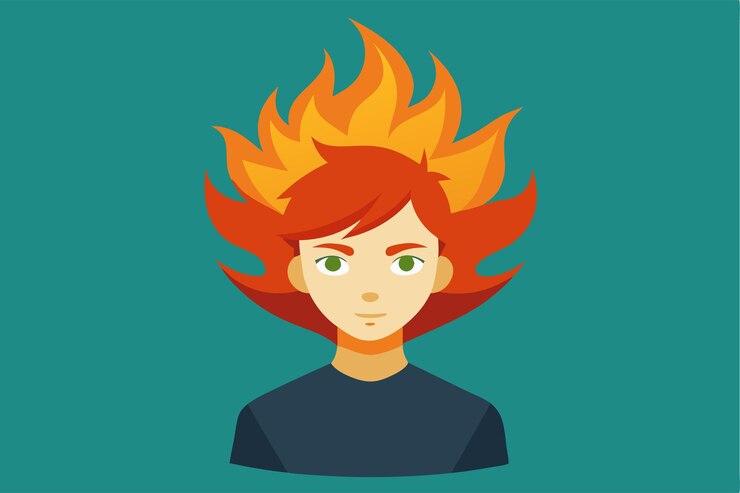 Vector esta obra de arte presenta un personaje estilizado con un pelo ardiente llamativo que muestra colores vibrantes y expresión ilustración semi plana personalizable con cabello ardiente