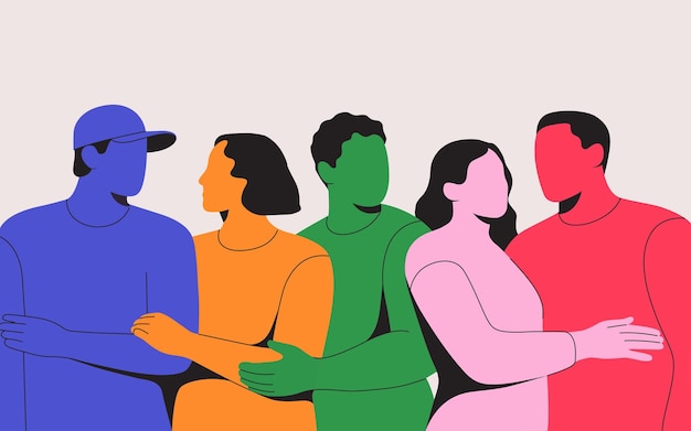 Obras de arte abstractas coloridas que ilustran a diversas personas de pie juntas expresando los temas