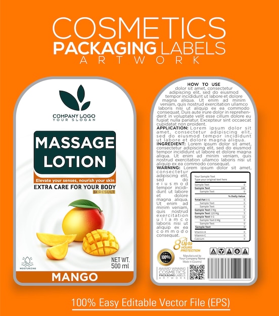Obras de arte en las etiquetas de envases de cosméticos para lociones de masaje con esencia de mango