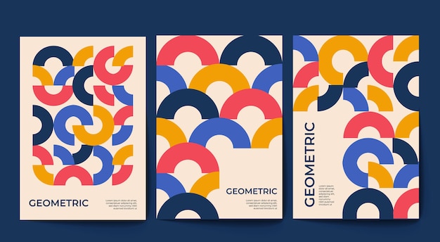 Obras de arte geométricas cubren el diseño de escenografía en colores primarios para empresas Tres portadas de patrones geométricos
