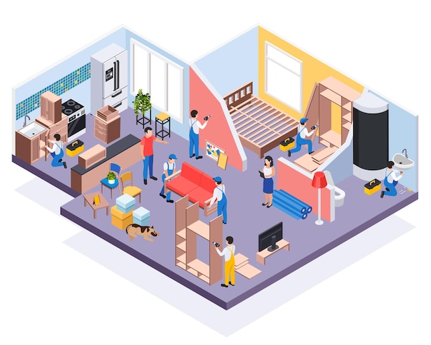 Obras de reparación de renovación composición isométrica con vista de apartamento y trabajadores que ensamblan muebles y accesorios de baño ilustración