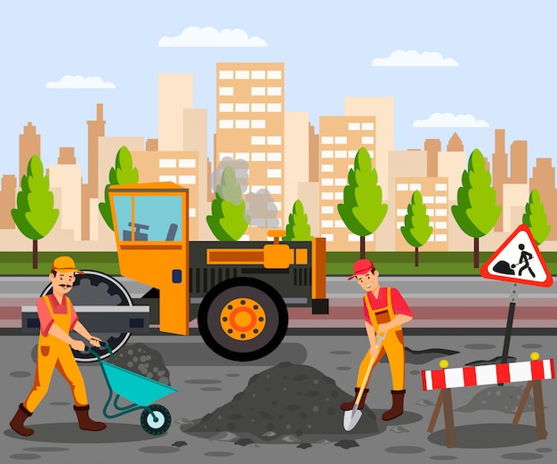 Vector obras viales, asfalto pavimentación plana ilustración en color