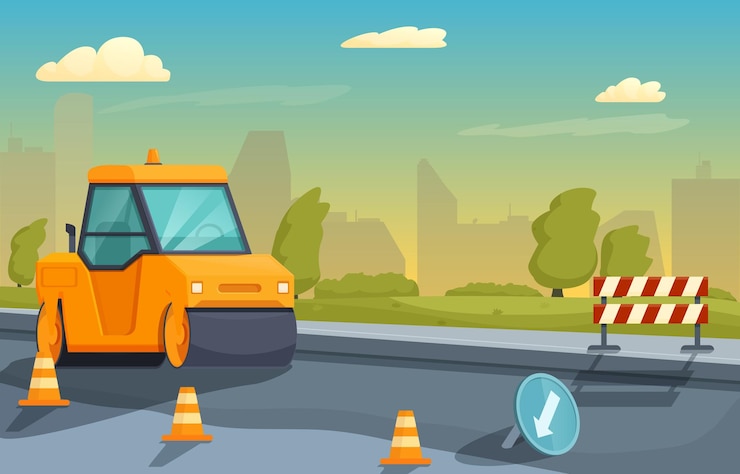 Vector obras viales con rodillo de asfalto y señales en la ilustración de vector de fondo de la ciudad