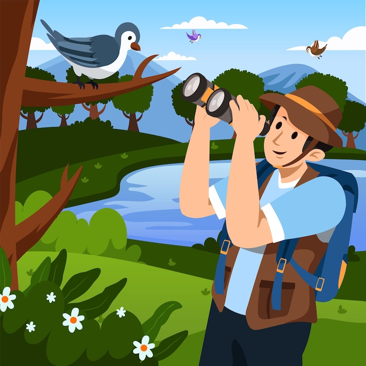 Vector un observador de aves usa binoculares para observar a las aves