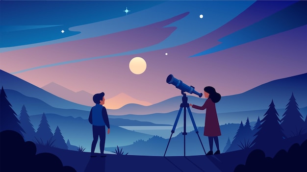 Observando las estrellas con amigos con telescopio en las montañas al anochecer