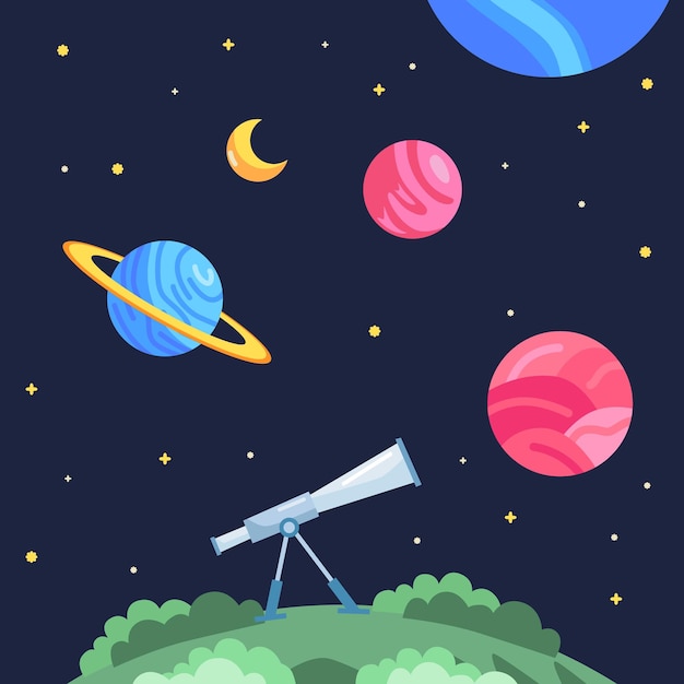 Observar el espacio del planeta con telescopio con imaginación astronomía científico divertido niños ilustración