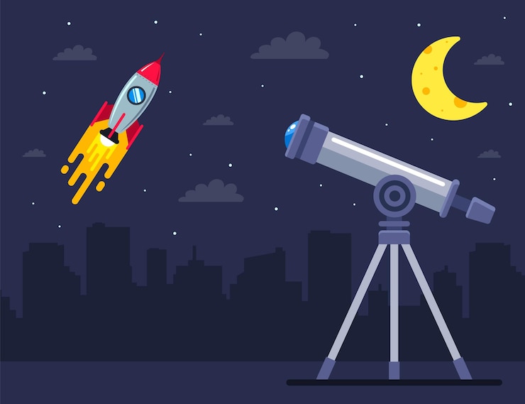 Vector observe el lanzamiento de la nave espacial con la ayuda de un telescopio. ilustración plana.