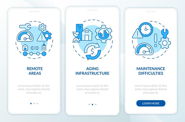 Obstáculos de electrificación rural pantalla de aplicación móvil de incorporación azul