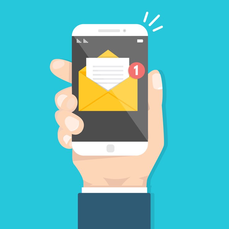 Vector obtenga el concepto de correo electrónico. mano que sostiene el teléfono inteligente con notificación.