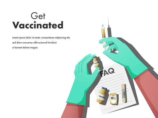 Vector obtenga diseño de cartel vacunado con manos sosteniendo el frasco de vacuna