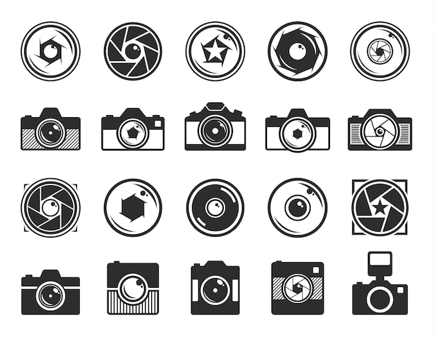 El obturador de la cámara y los iconos de la cámara fotográfica aislados en blanco