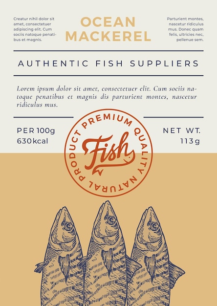 Ocean fish abstract vector packaging design o label modern typography banner hand drawn mackerel silhouette with lettering logo stamp color paper background layout