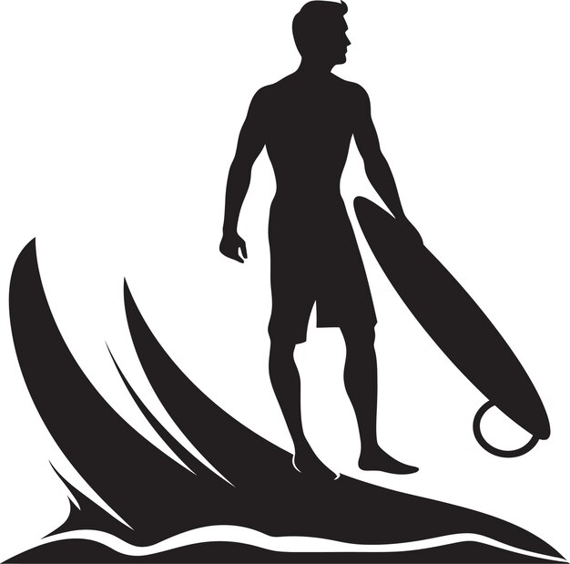 Vector ocean flow guy surf con tabla de surf emblema emociones costeras símbolo de surf vectorial negro