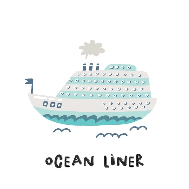Ocean line.r ilustración dibujada a mano en estilo de dibujos animados. transportar juguetes. lindo concepto para niños