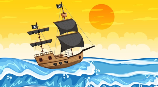 Océano con barco pirata en la escena del atardecer en estilo de dibujos animados