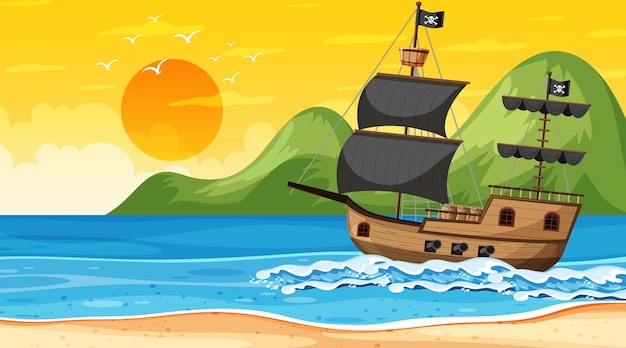 Océano con barco pirata en la escena del atardecer en estilo de dibujos animados